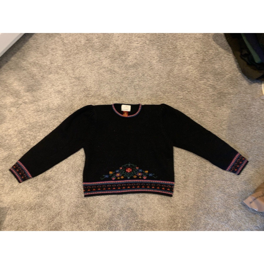 Susan Bristol Vintage Hand Embroidered Wool Sweater Womens Medium Black Read